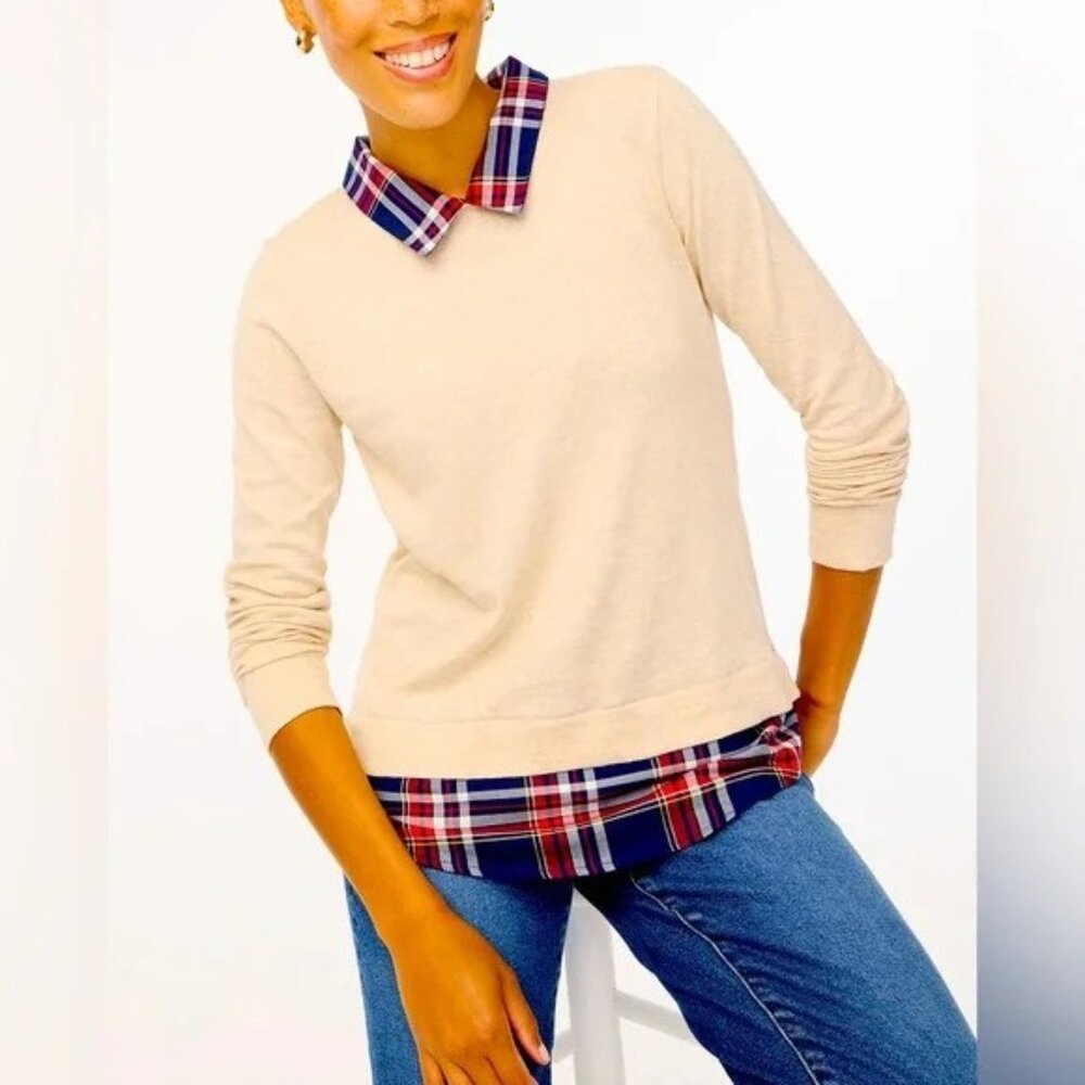 J.Crew Woven-Collar Plaid Cotton Sweater In Heather Oatmeal Multi-Womens Sz XXS
